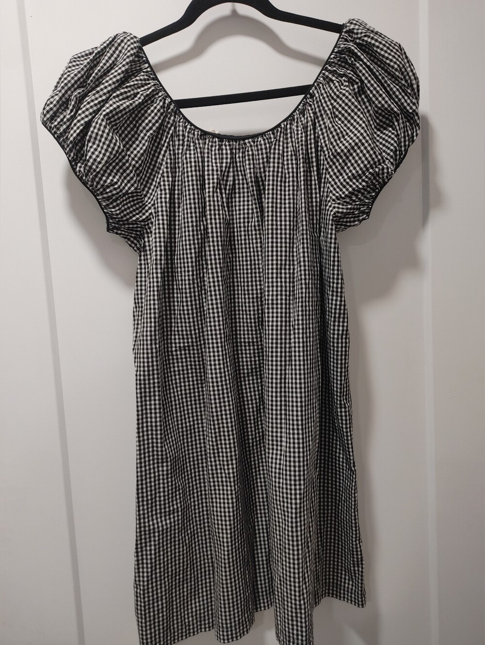 New DÔEN Julia Gingham Cotton Black & White Gingham Shirt Dress with Tie Neck - Picture 9 of 14